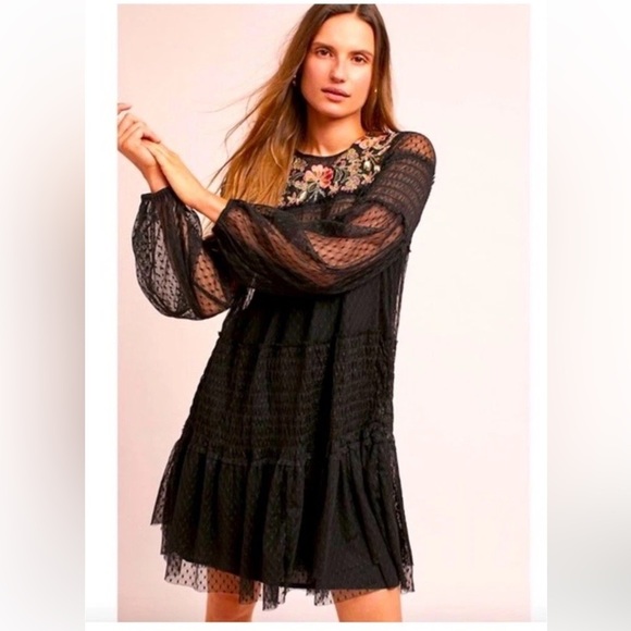 ANTROPOLOGIE MAEVE SAMARA MAILLE FLORAL BLACK MESH DRESS - Picture 1 of 8